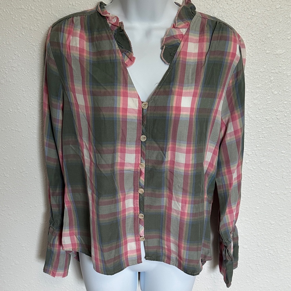 Billy T Plaid Ruffled Collar Bell Sleeves Blouse Size Large
